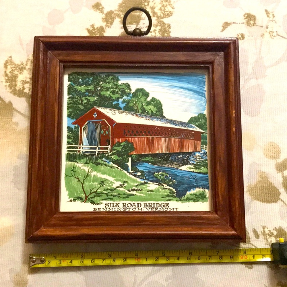 Vintage Porcelain Covered Bridge Tile/Trivet with Wood Frame
